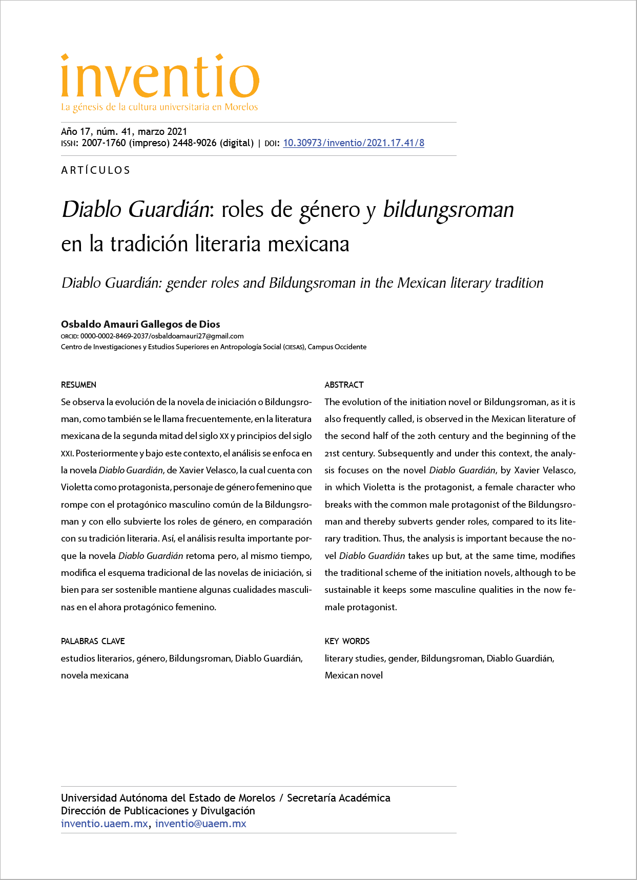 Diablo Guardián: roles de género y Bildungsroman en la tradición literaria mexicana