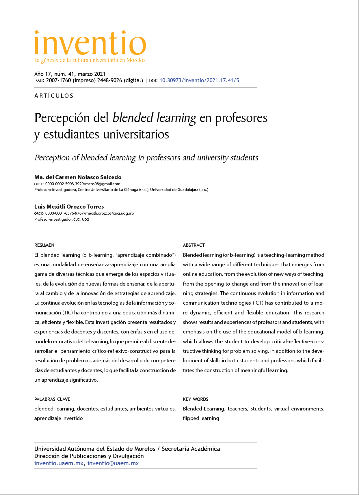 Percepción del blended learning en profesores y estudiantes universitarios 