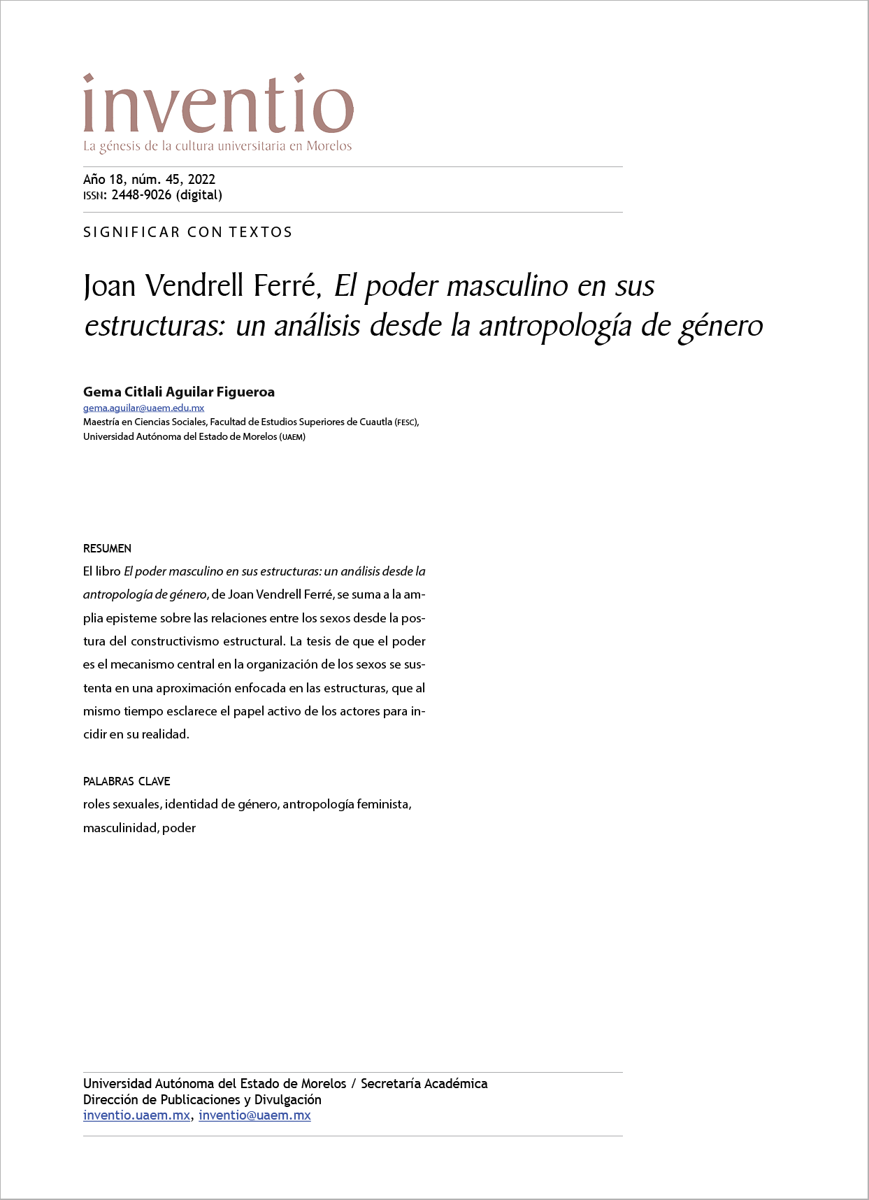 Joan Vendrell Ferré, El poder masculino en sus estructuras: un análisis desde la antropología de género