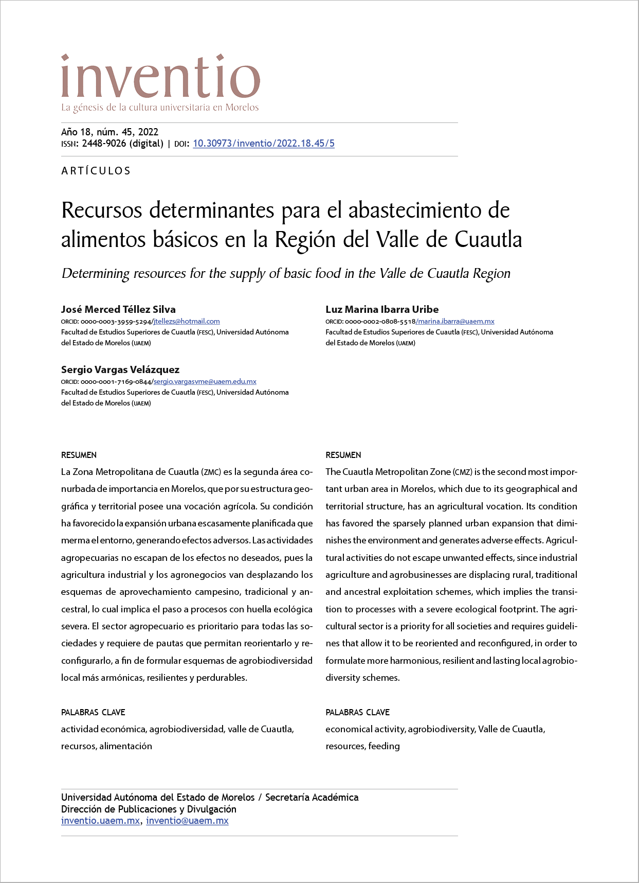  Recursos determinantes para el abastecimiento de alimentos básicos en la Región del Valle de Cuautla