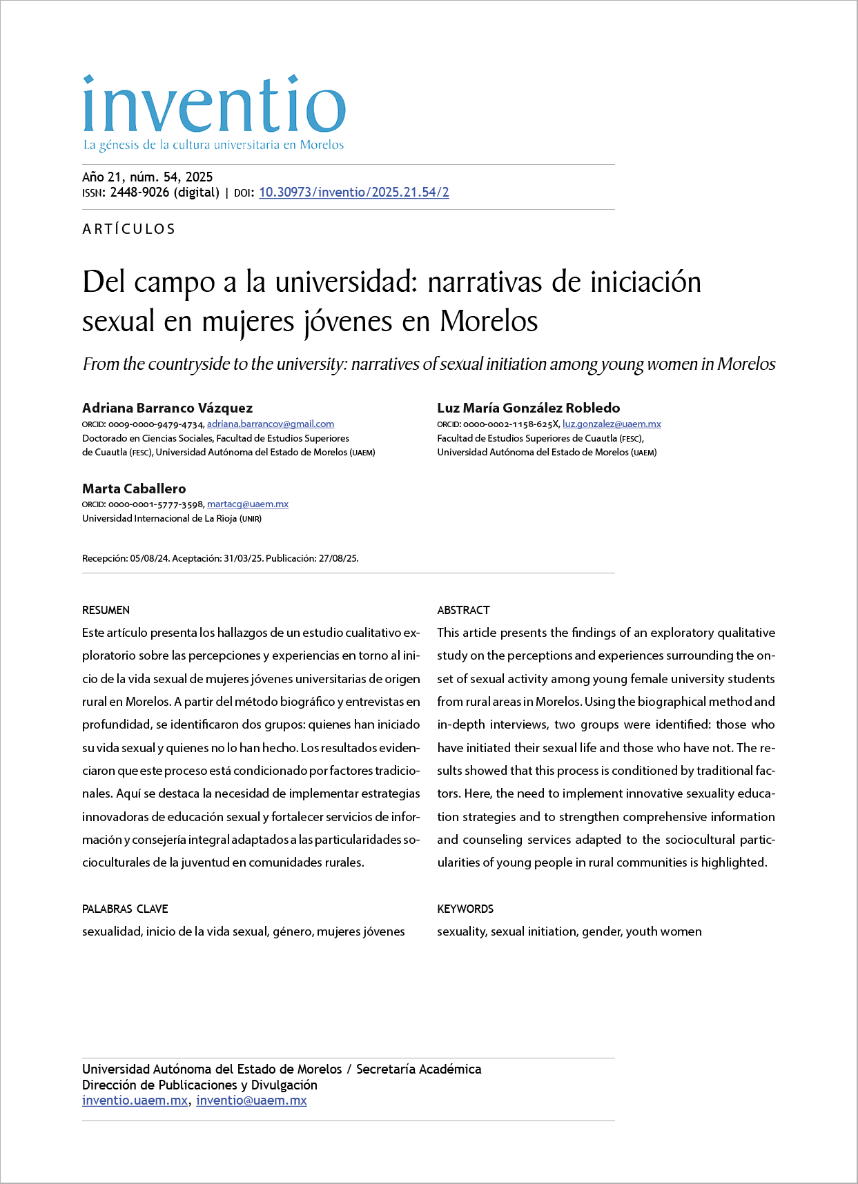 Del campo a la universidad: narrativas de iniciación sexual en mujeres jóvenes en Morelos