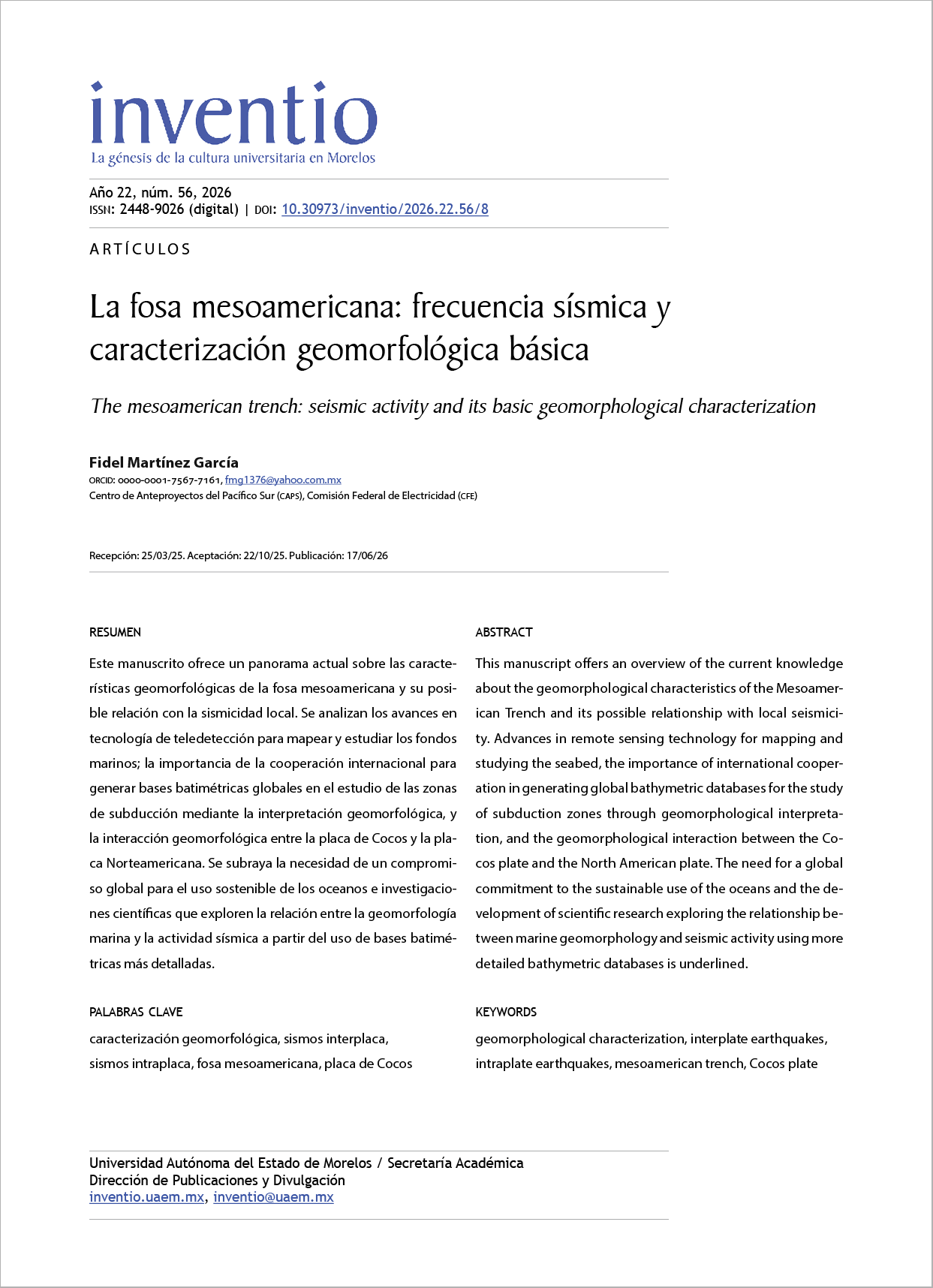 La fosa mesoamericana: frecuencia sísmica y caracterización geomorfológica básica
