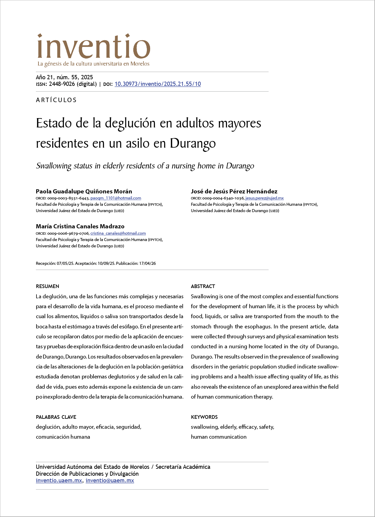 Estado de la deglución en adultos mayores residentes en un asilo en Durango