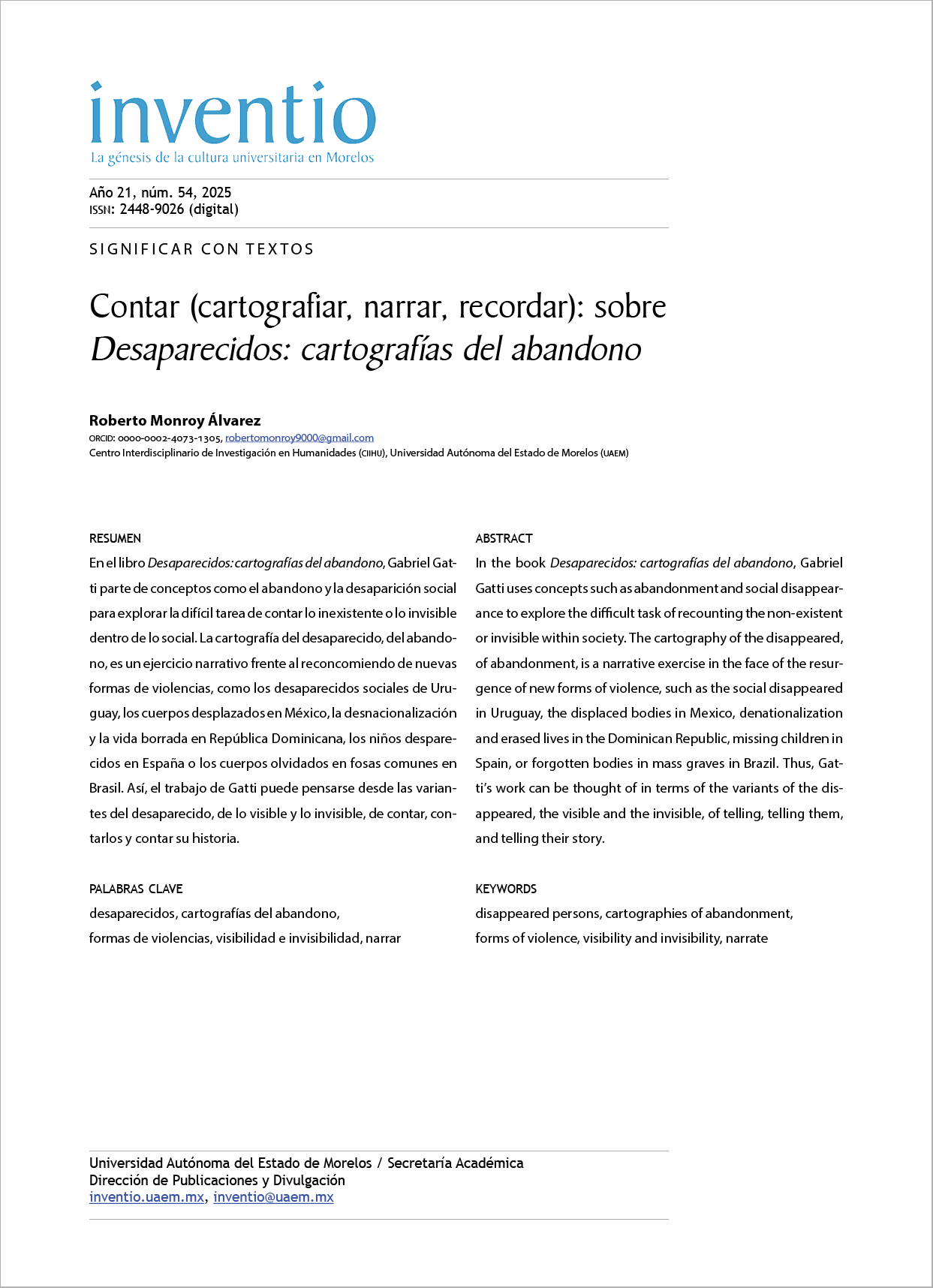 Contar (cartografiar, narrar, recordar): sobre Desaparecidos: cartografías del abandono