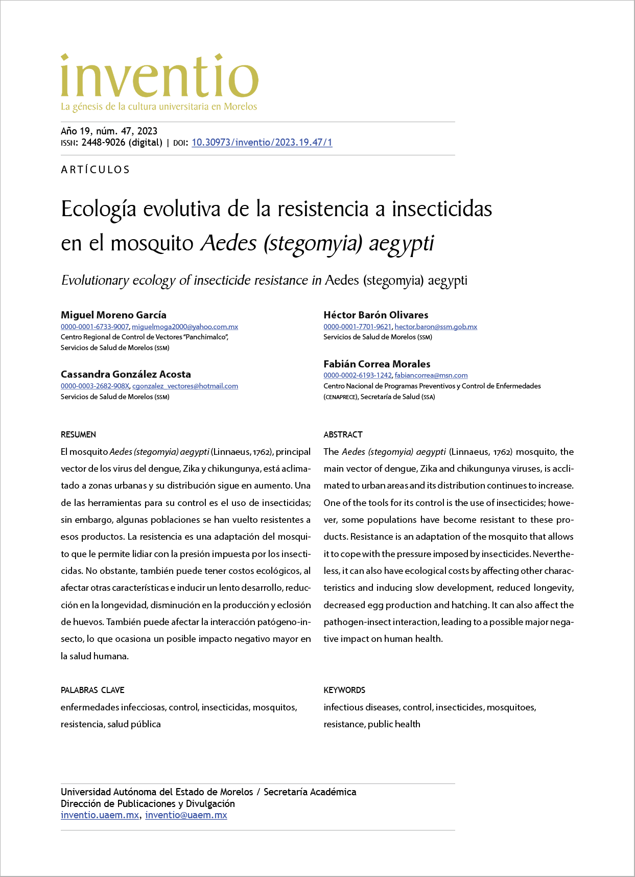 Ecología evolutiva de la resistencia a insecticidas en el mosquito Aedes (stegomyia) aegypti