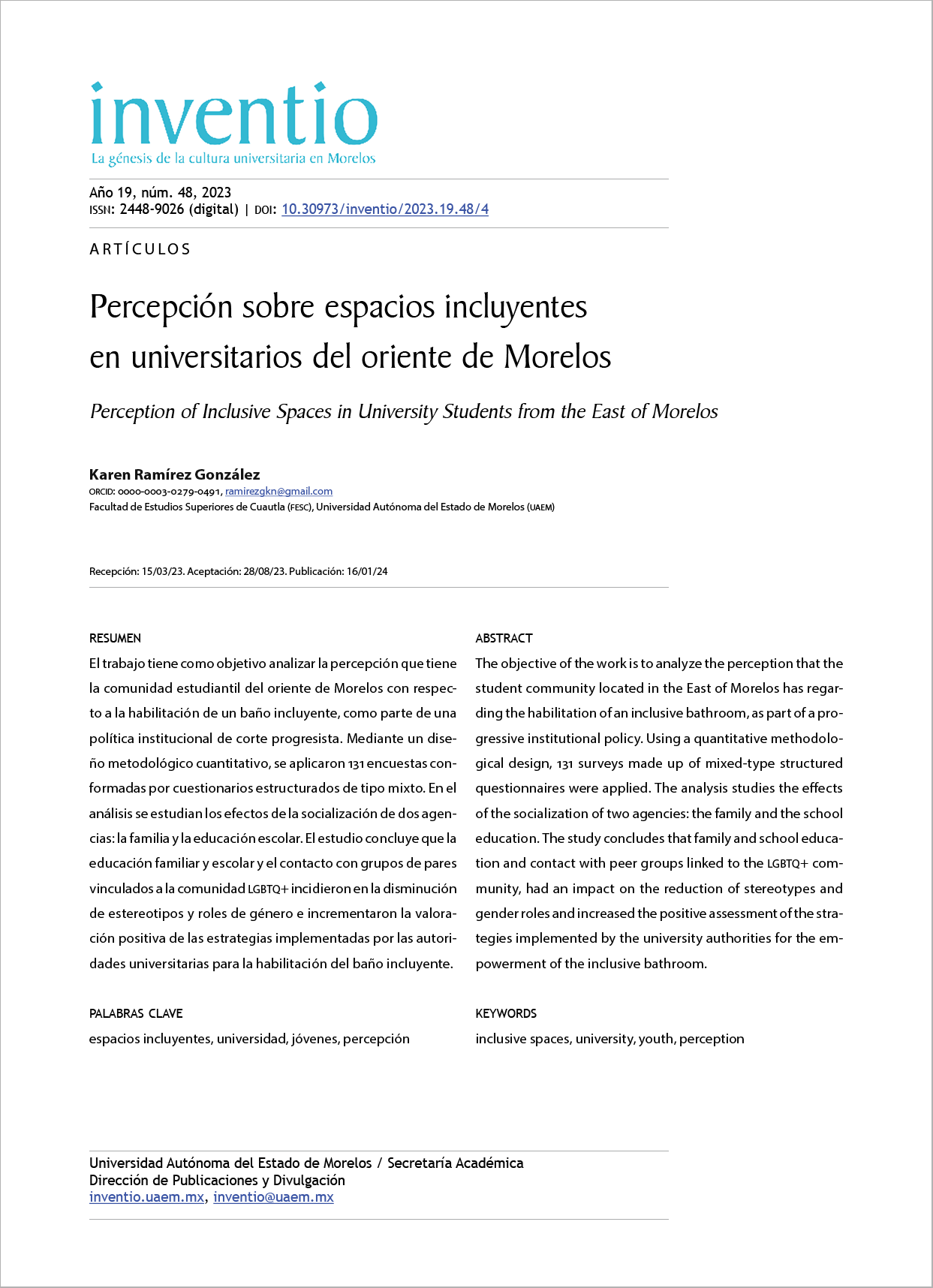 Percepción sobre espacios incluyentes en universitarios del oriente de Morelos