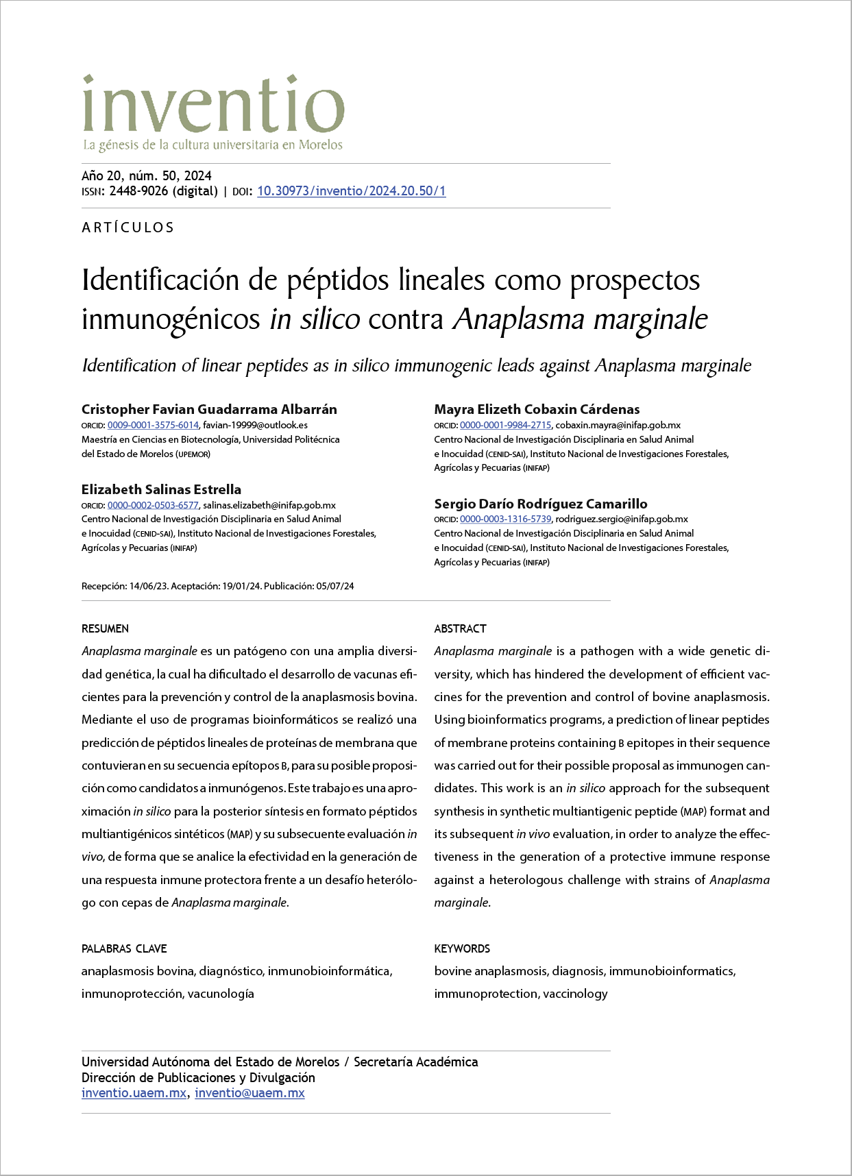Identificación de péptidos lineales como prospectos inmunogénicos in silico contra Anaplasma marginale