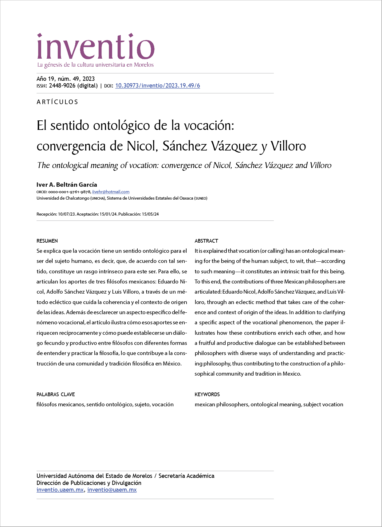 El sentido ontológico de la vocación: convergencia de Nicol, Sánchez Vázquez y Villoro