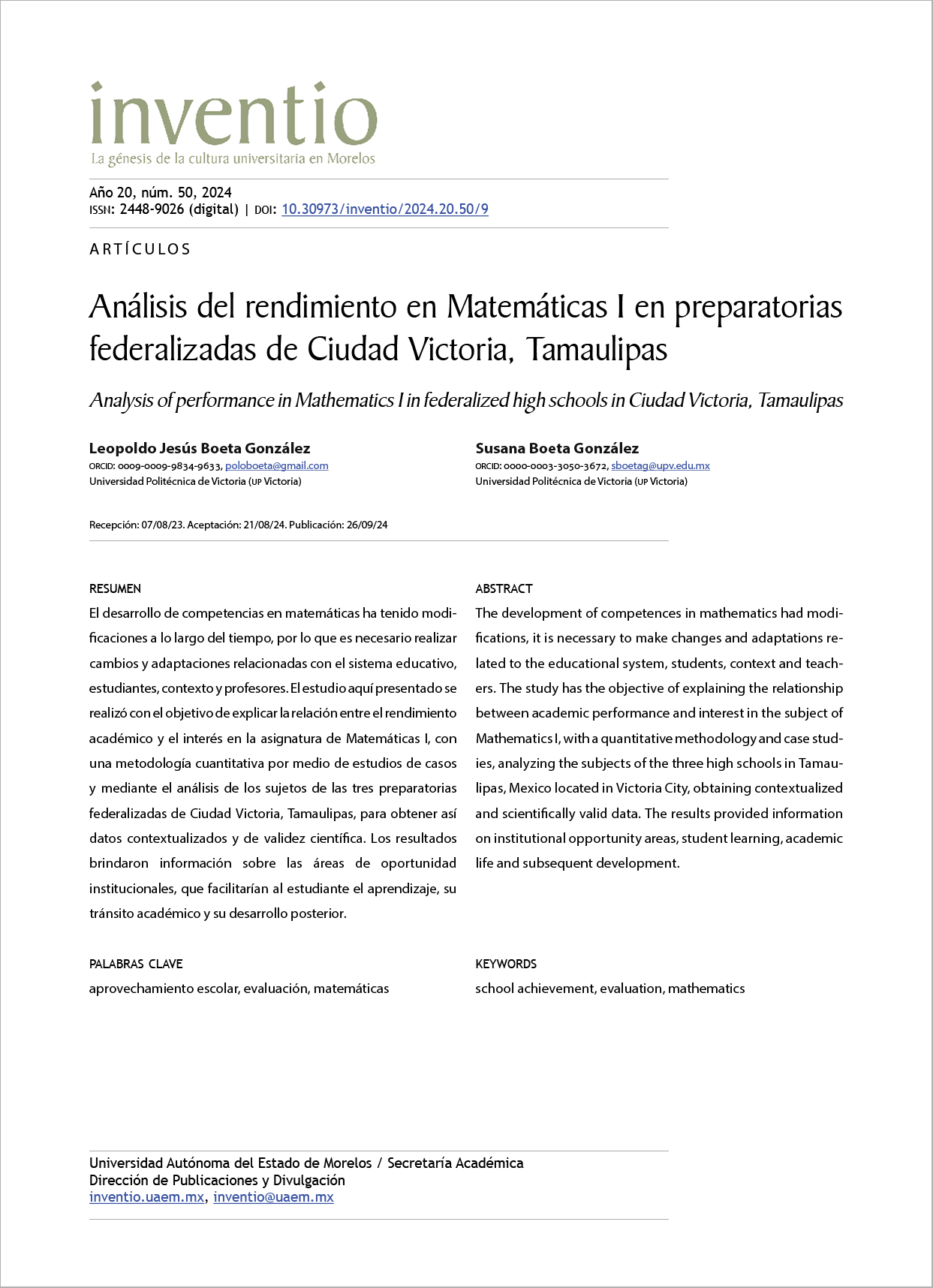 Análisis del rendimiento en Matemáticas I en preparatorias federalizadas de Ciudad Victoria, Tamaulipas