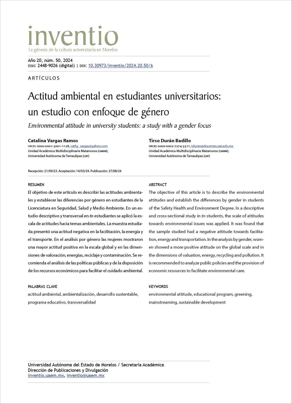 Actitud ambiental en estudiantes universitarios: un estudio con enfoque de género