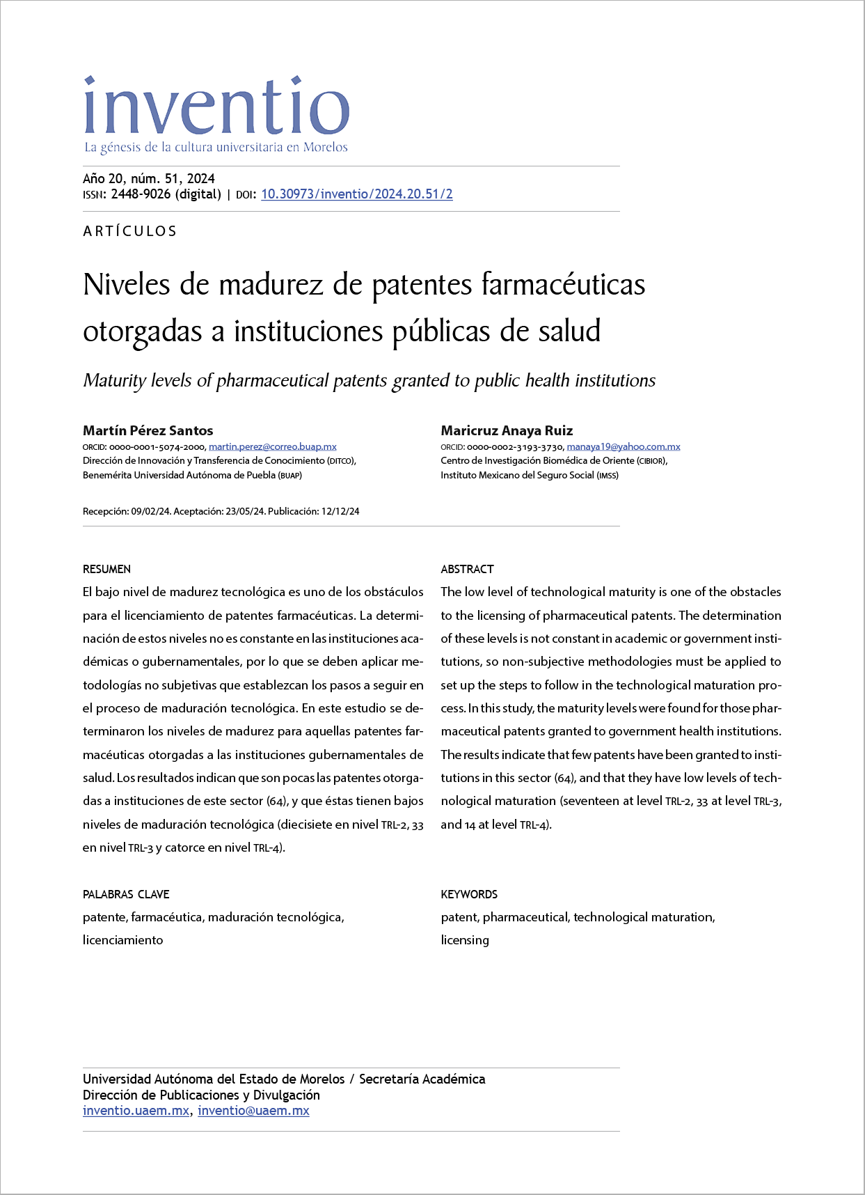 Niveles de madurez de patentes farmacéuticas otorgadas a instituciones públicas de salud