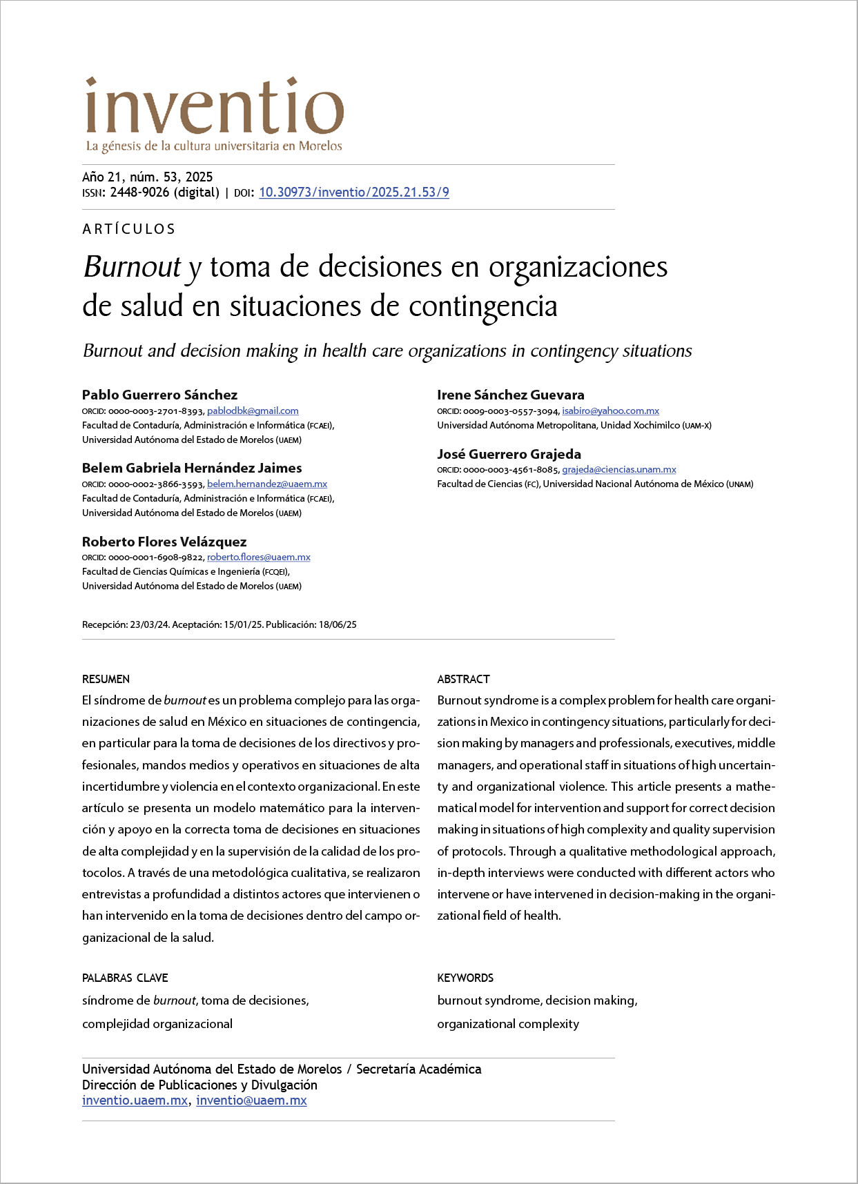 Burnout y toma de decisiones en organizaciones de salud en situaciones de contingencia