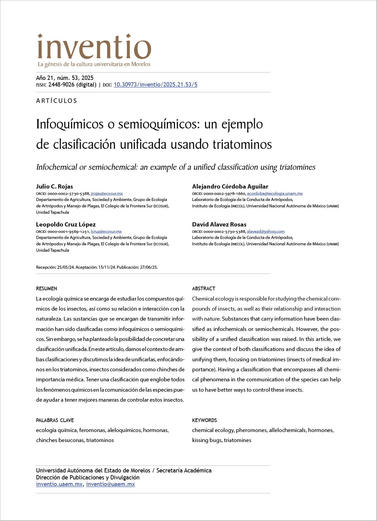 Infoquímicos o semioquímicos: un ejemplo de clasificación unificada usando triatominos